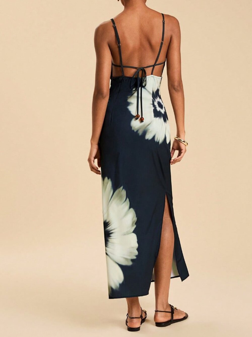 Black And White Elegant Women's Floral Print Casual Vacation Maxi Slip Dress - Picture 3 of 7